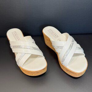 ITALIAN SHOEMAKERS White Leather – Snakeskin Detail - Cork Platform 8.5